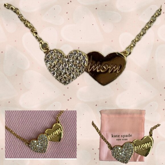 Kate Spade Gold-Tone Mom Engraved Double Hearts CZ Detail Pendant Necklace - Picture 1 of 4